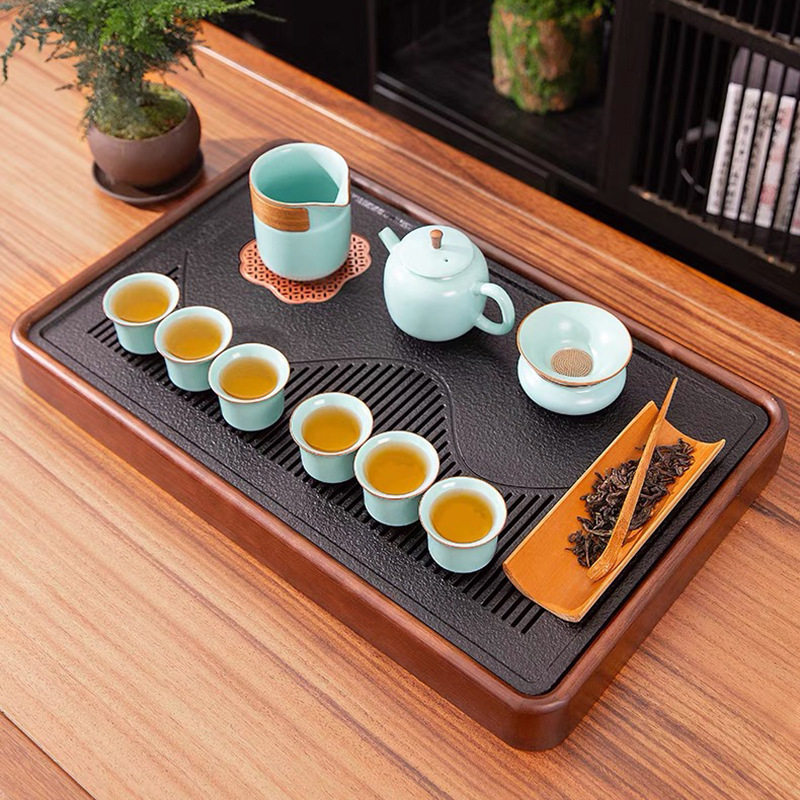 汝窑乌金石家用户外旅行茶具整套泡茶排水组陶瓷三才盖碗茶壶茶盘