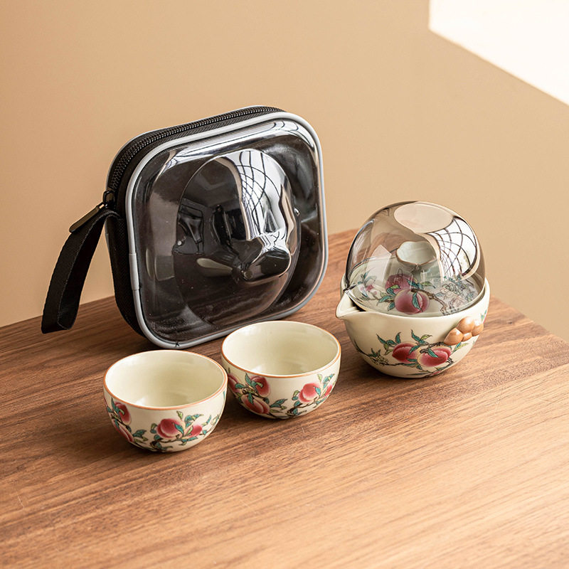 厂家汝窑粉彩九桃旅行茶具套装便携式快客杯一壶三杯陶瓷茶壶茶杯