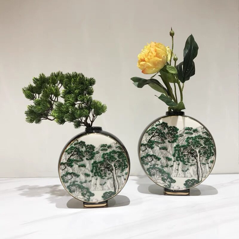 现代新中式陶瓷摆件风景瓶罐样板房售楼部客厅玄关博古架软装摆件