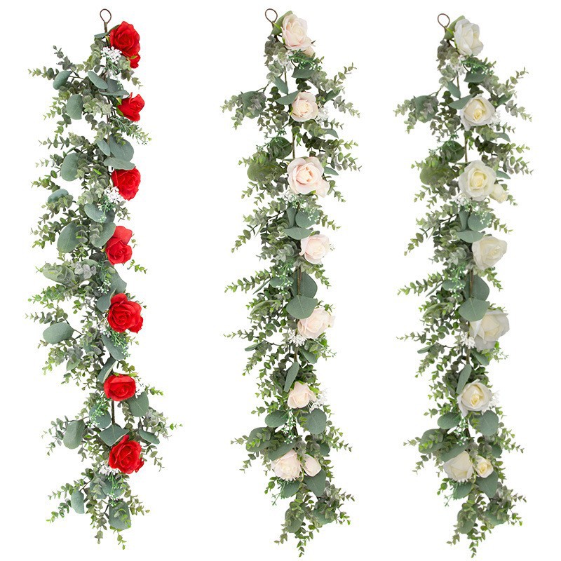 亚马逊尤加利花藤 壁挂桉树叶玫瑰花仿真花藤条仿真绿植工厂批发