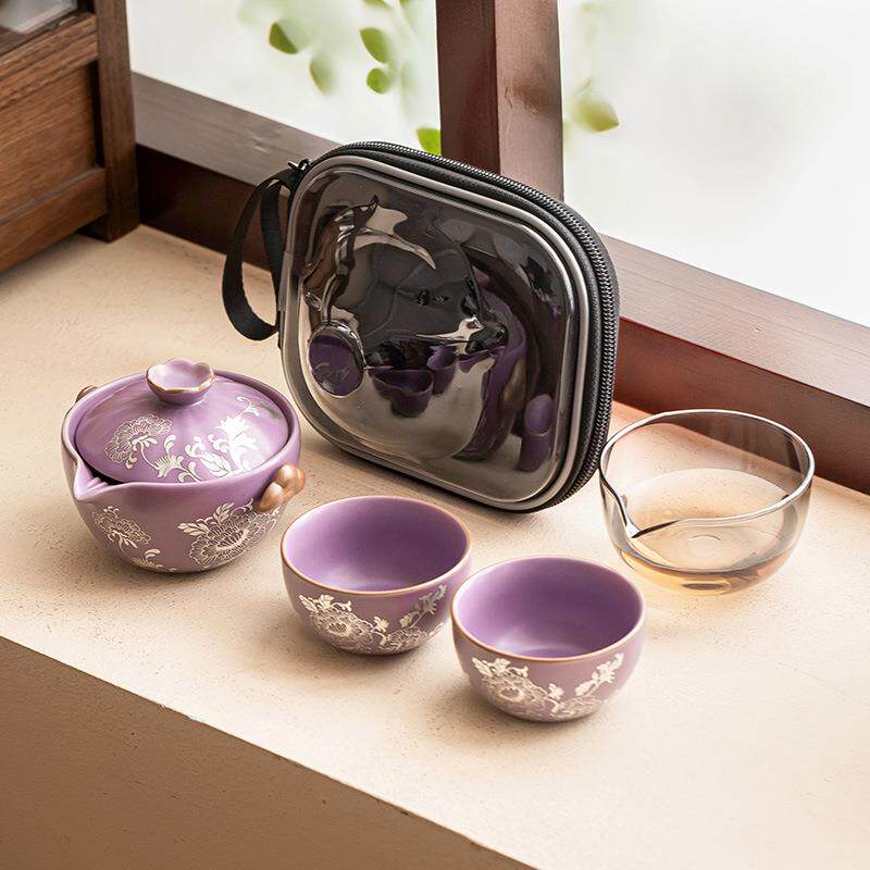 描银牡丹旅行茶具套装小套功夫便携式快客杯高档茶壶茶杯一壶二杯