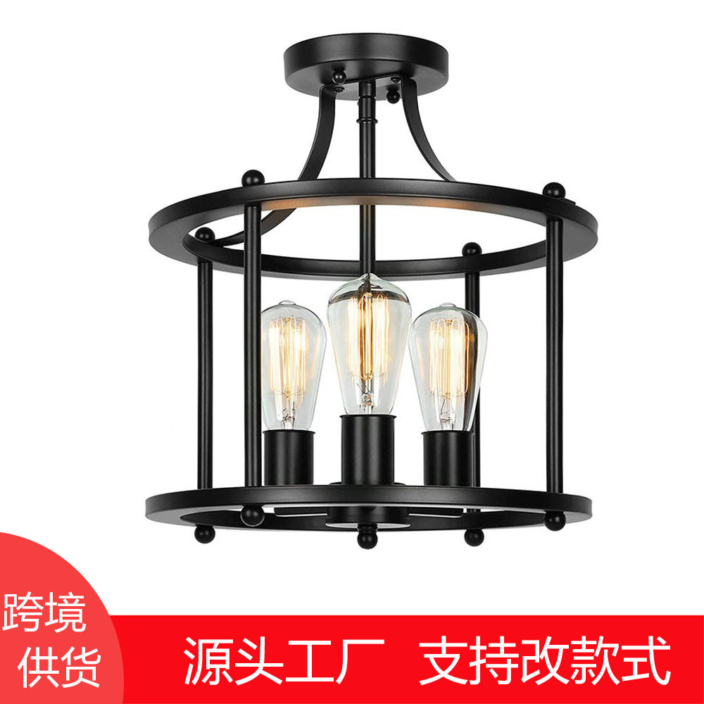 跨境亚马逊复古铁艺拆装吊灯工业风餐厅灯阳台过道玄关美式吸顶灯
