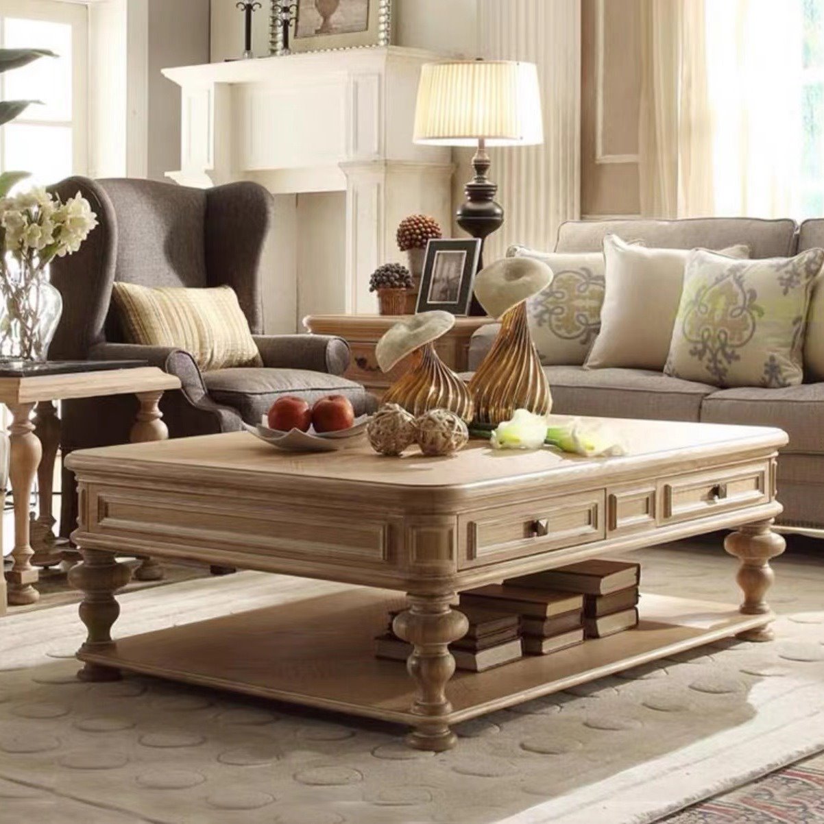 美式复古实木茶几美式别墅茶桌电视柜组合客厅方形大茶几家用茶台