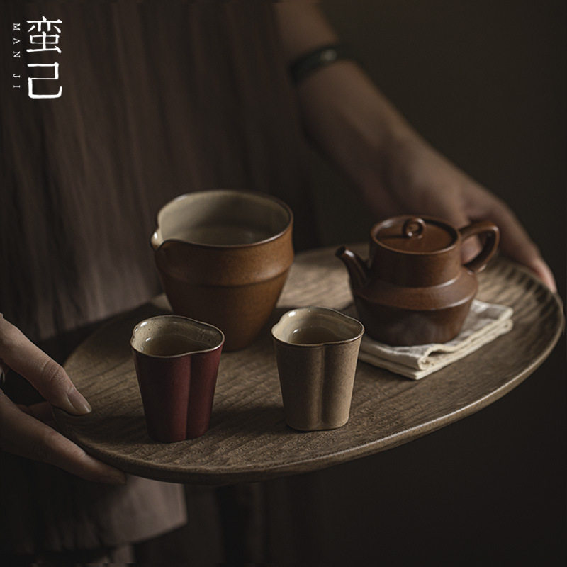 蛮己日式陶瓷茶盘家用茶具干泡盘壶承茶道配件诧寂风粗陶茶具收纳