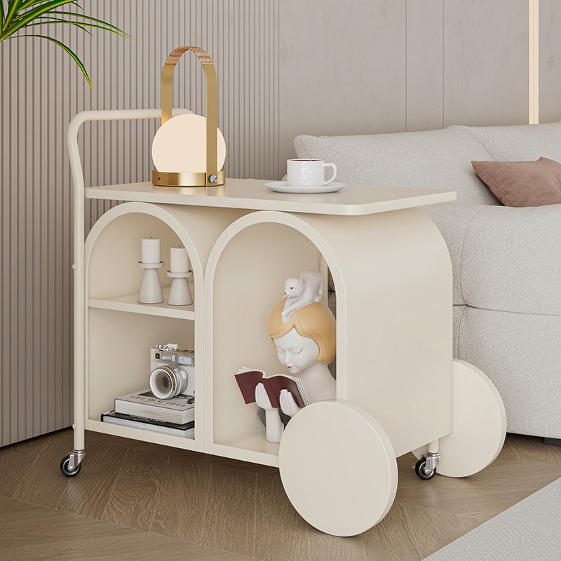 奶油风边几可移动沙发侧边柜简约带轮置物角几客厅铁艺推车小茶几