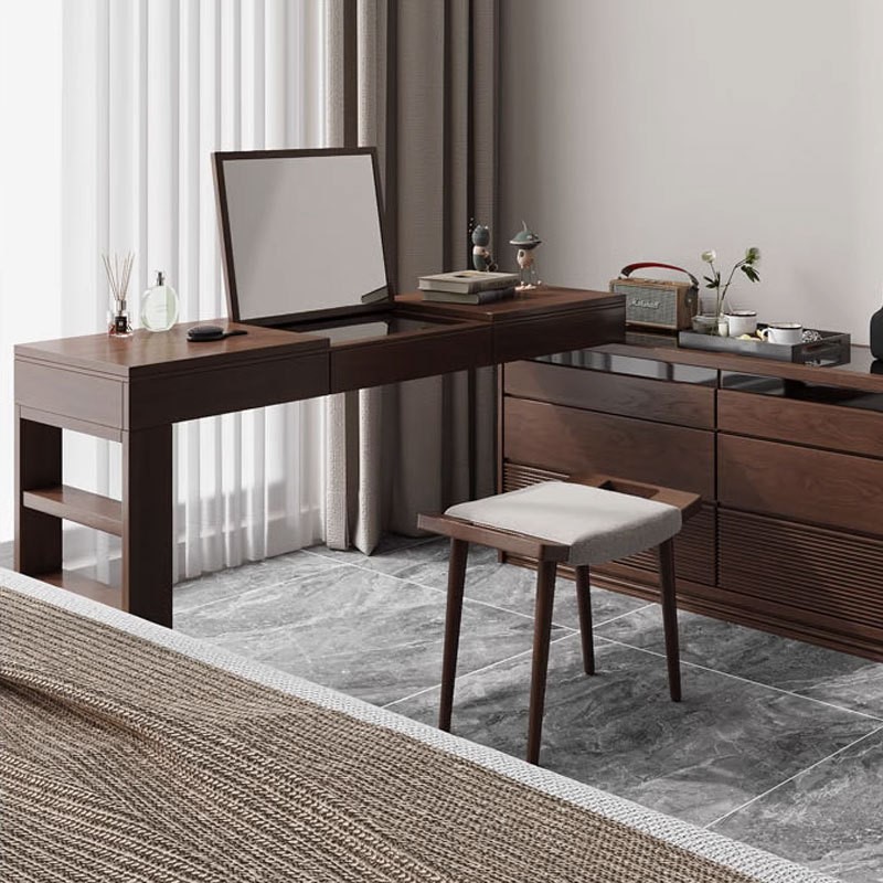 北美黑胡桃木卧室斗柜梳妆台一体轻奢樱桃木简约现代实木化妆台