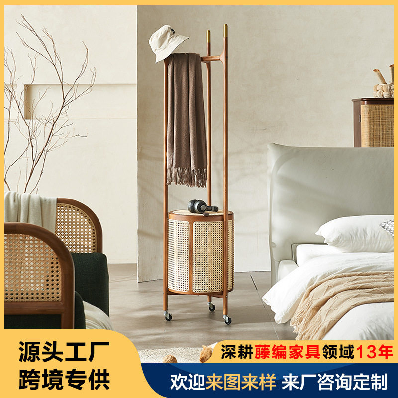 挂衣架落地卧室门口实木衣架家用白蜡木可移动脏衣篓藤编衣帽架