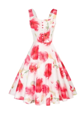 跨境外贸1950S复古酒会舞会无袖返校节礼服夏季印花纽扣A字连衣裙