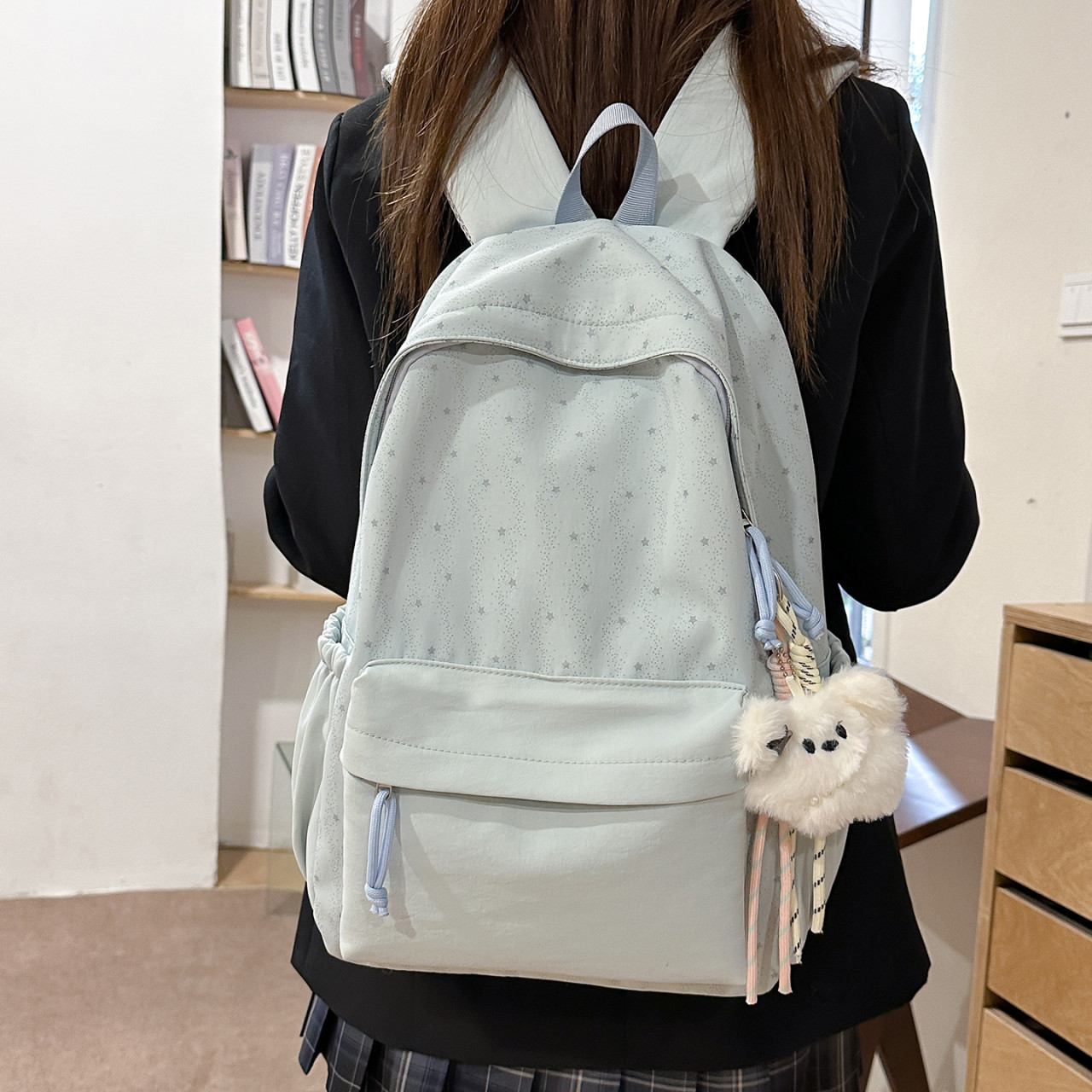 少女风星星印花双肩包女学生韩式初中生高中生大学高颜值轻便书包