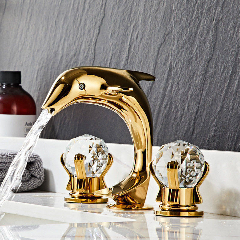 金色全铜欧式双把三孔面盆冷热水龙头浴室柜洗脸盆分体式创意海豚,家装主材,面盆龙头,淘宝优惠券,粉丝福利购,淘宝优惠卷