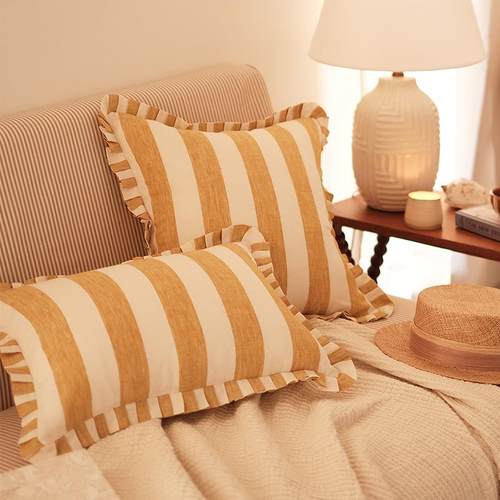慢松球 法国进口亚麻黄色条纹抱枕 沙发靠垫法式复古田园诧寂床上