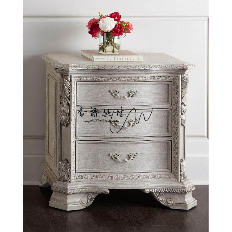 出口美式乡村床头柜欧式实木雕花床边柜法式复古做旧卧室小斗柜