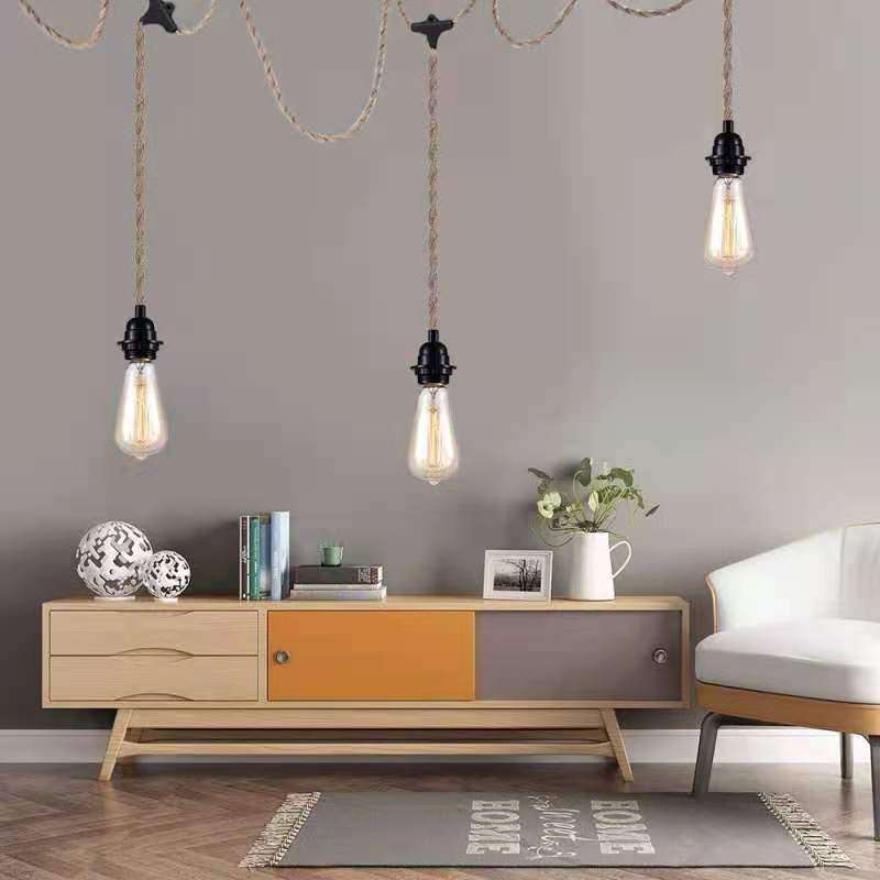 跨境 复古麻绳麻花灯头线单头3头串联一拖三灯串E26 E27螺口灯