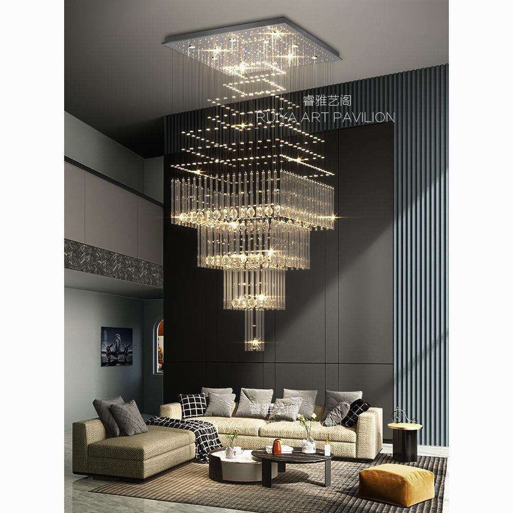 【1641人收藏】复式楼别墅楼梯大吊灯新款豪华大客厅楼中楼水晶方