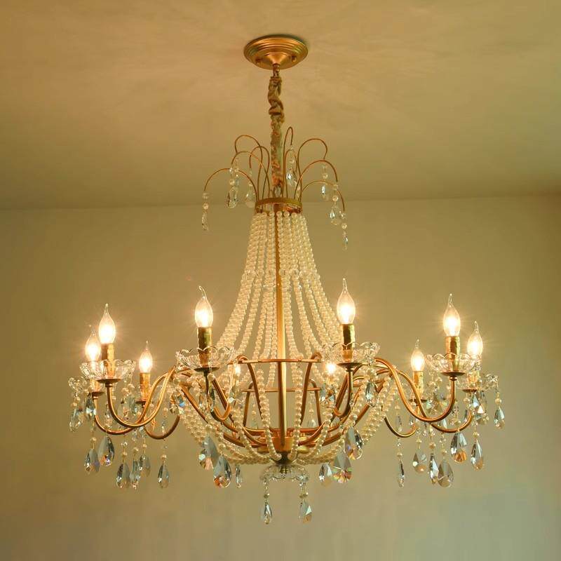水晶吊灯美式客厅复古大厅铁艺奶油风餐厅复式楼珍珠金色法式吊灯