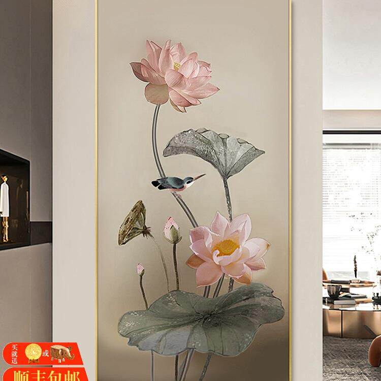 入户玄关装饰画竖版新中式挂画纯手绘油画荷莲花订 制立体简约轻
