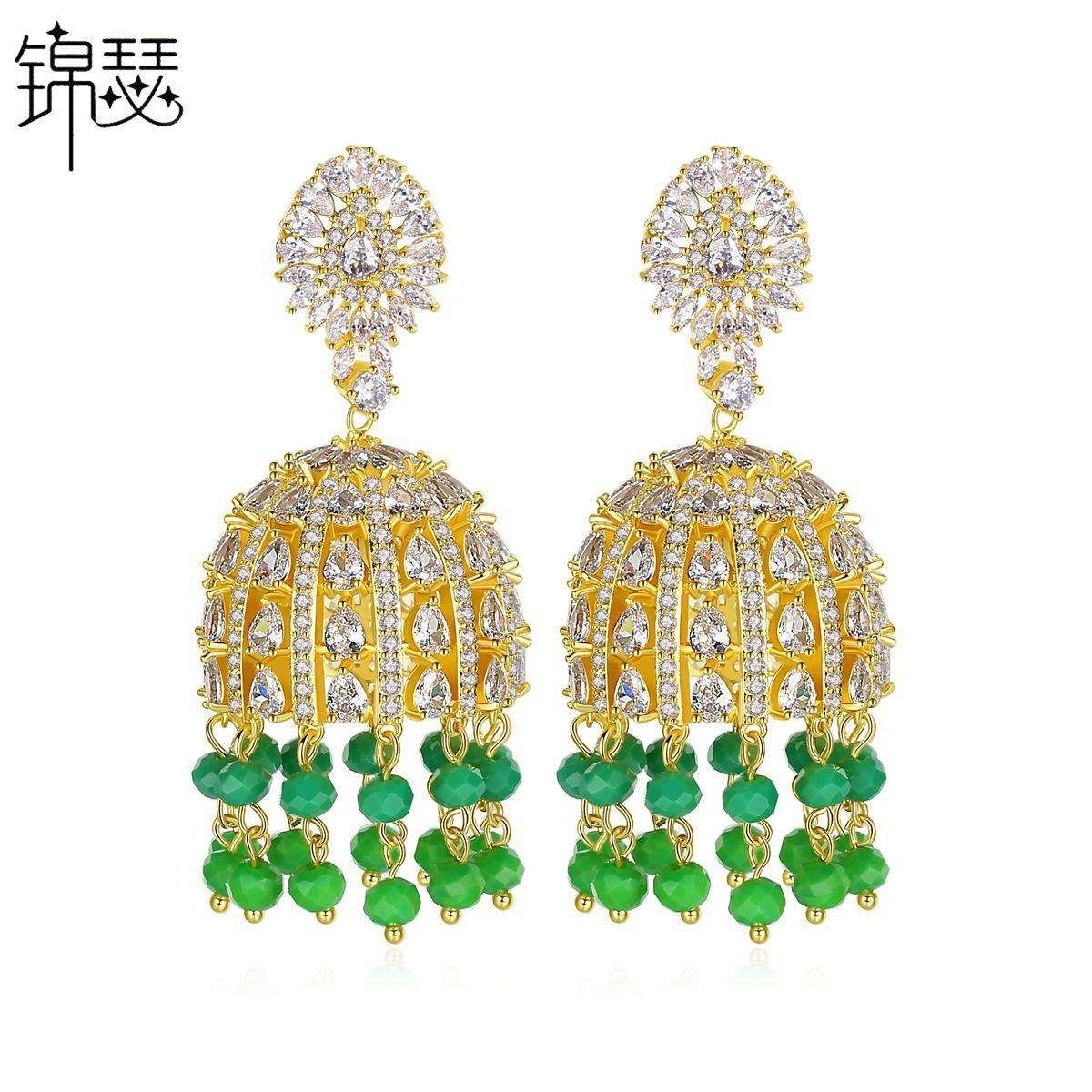 锦瑟 耳环女立体感铜镶锆石耳坠复古异域气质设计师款印度风耳饰