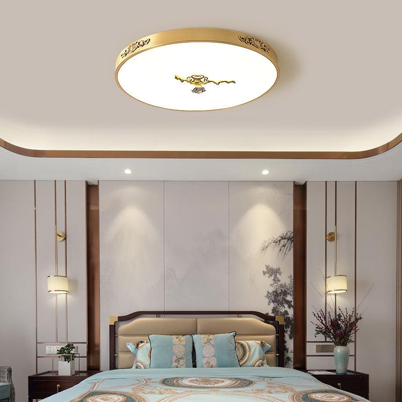 新中式卧室吸顶灯全铜中国风简约现代led超薄圆形家用阳台房间灯