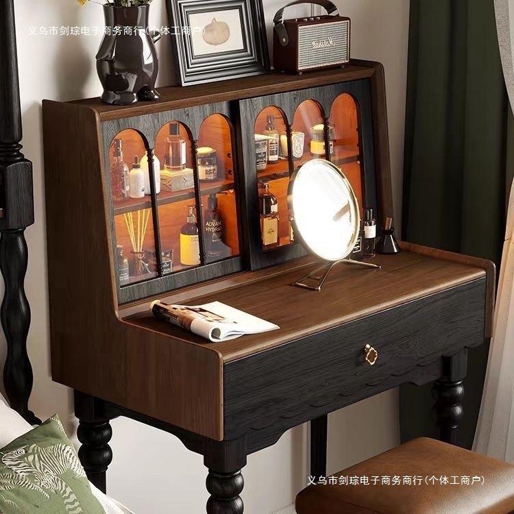 法式复古实木梳妆梳妆台小型书桌小户型窄款简约美式化妆复古梳妆