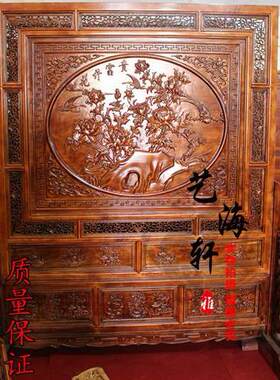 东阳木雕插屏 木雕落地插屏 香樟木屏风 花开富贵 BX004