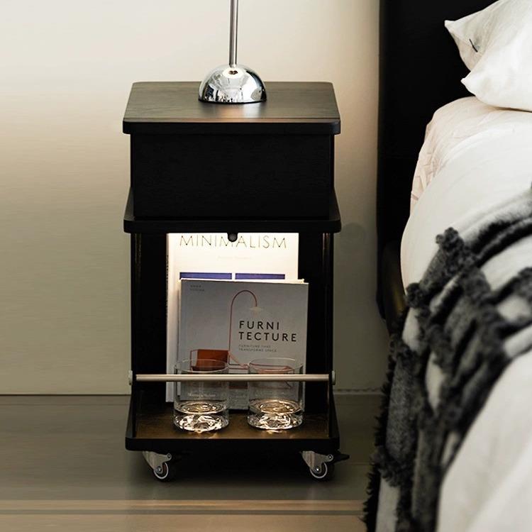 轻奢极简智能床头柜窄边实木小型卧室家用可移动迷你置物架床边柜