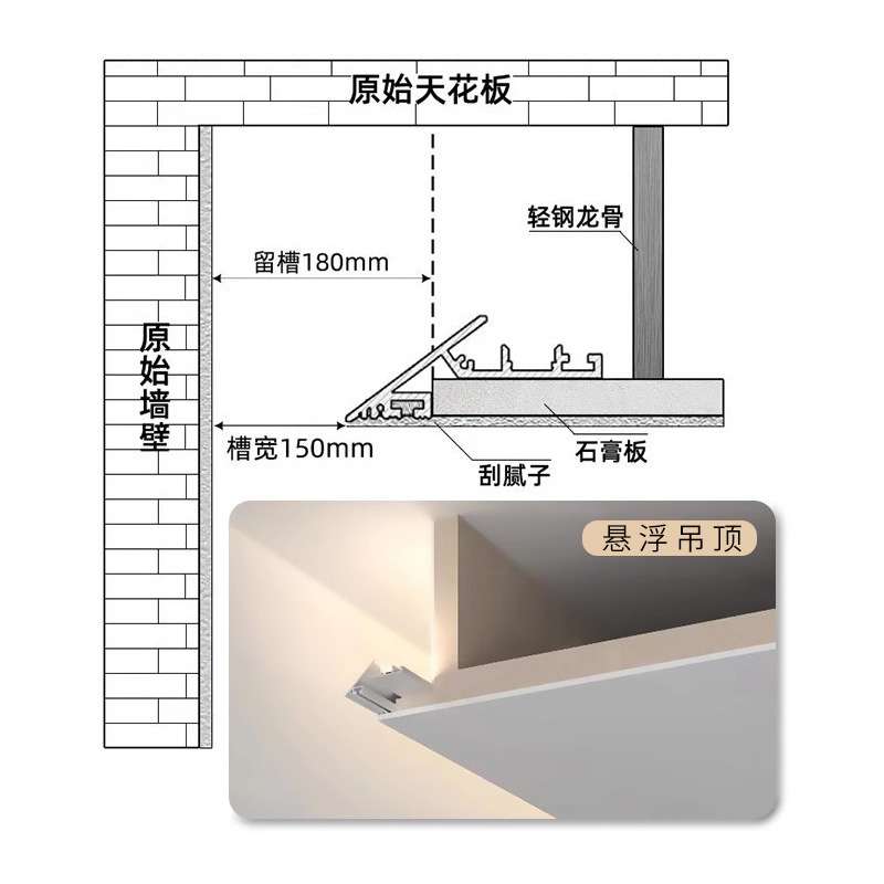线形灯 斜面灯槽45度铝型材回字悬浮吊灯led薄如蝉翼氛围洗墙灯带