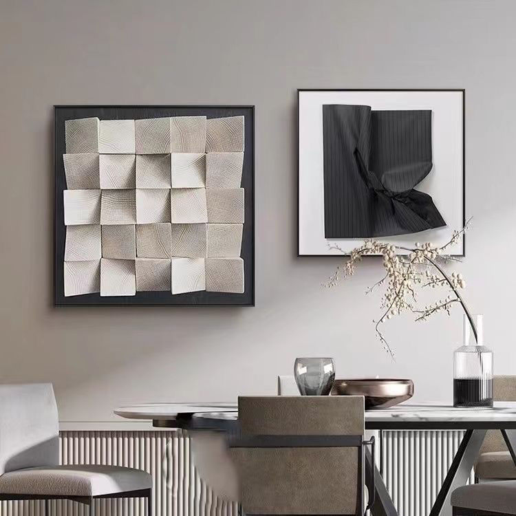 正方形餐厅装饰画现代简约客厅两联挂画高级感黑白几何饭厅壁画图片