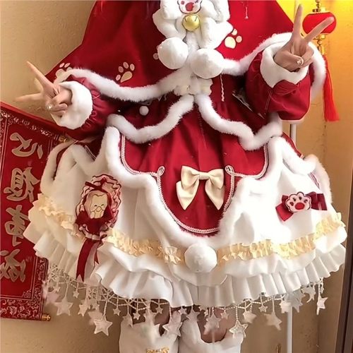 招财猫未命名新年战袍加绒红色lolita可爱lo裙