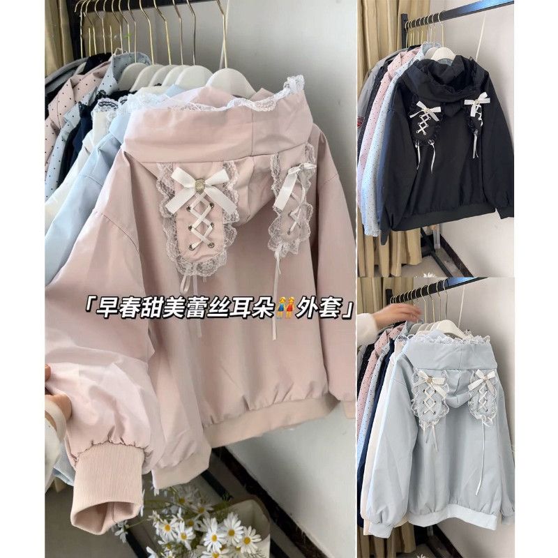 2026春秋新款学院风蕾丝兔耳朵连帽外套女可爱减龄棒球服开衫上衣