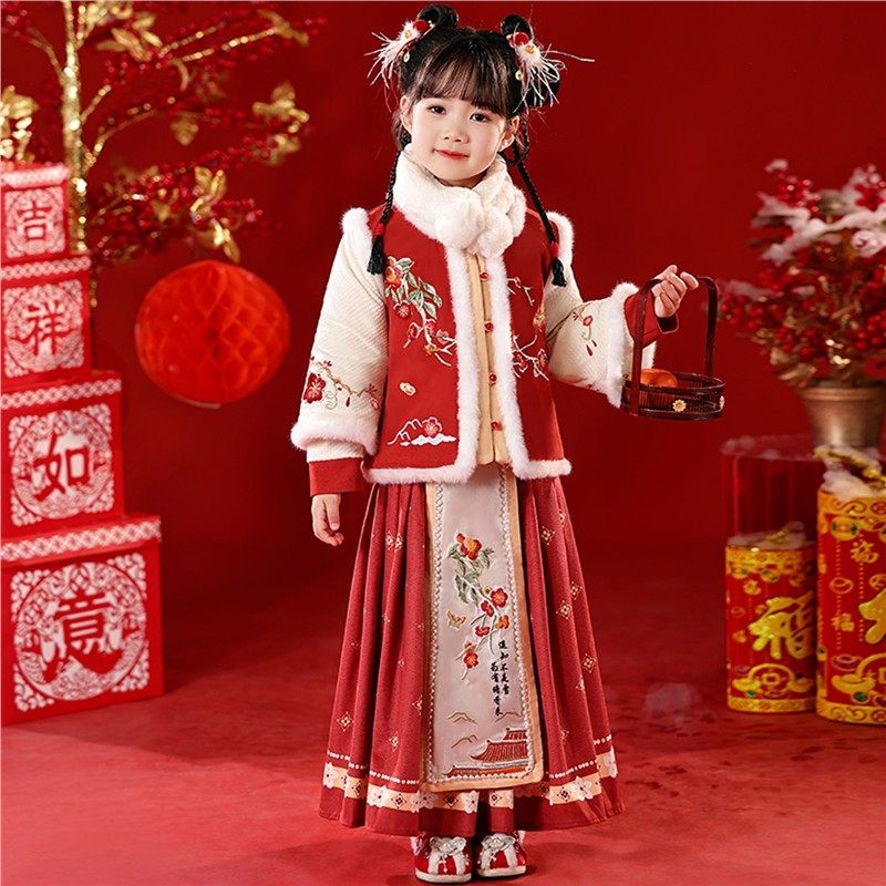 女童过年拜年服冬季2026加绒加厚套装儿童汉服新中式红色喜庆年服