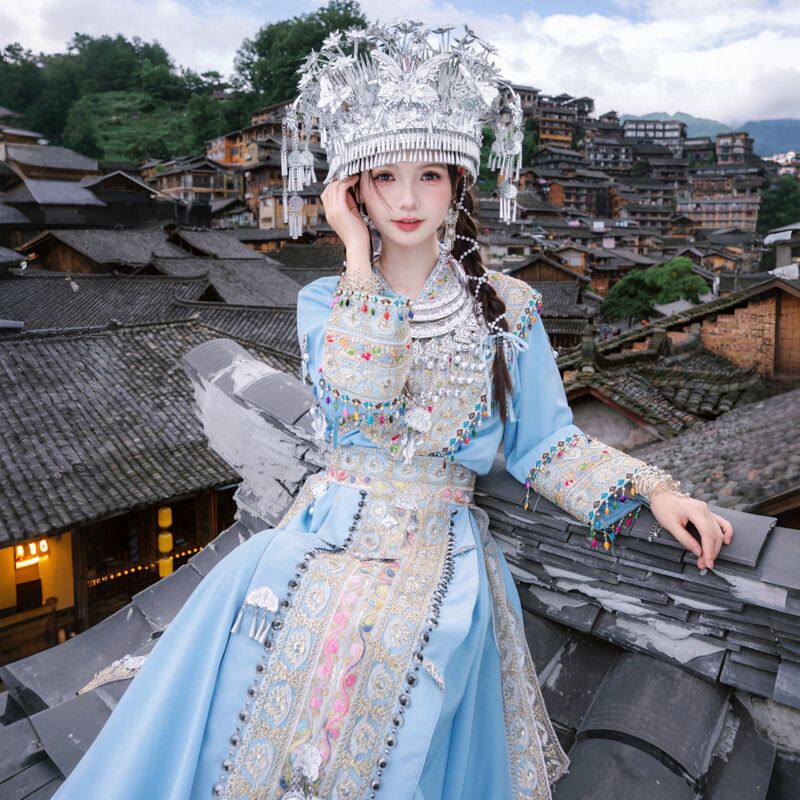苗疆少女新款清新蓝色套装超仙民族苗疆苗族写真显瘦全套旅拍服装