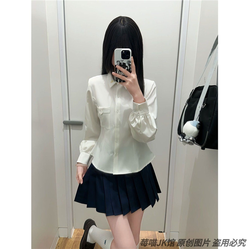 【暖律】jk长袖衬衫刺绣学院风内搭抗皱白色上衣泡泡袖收腰