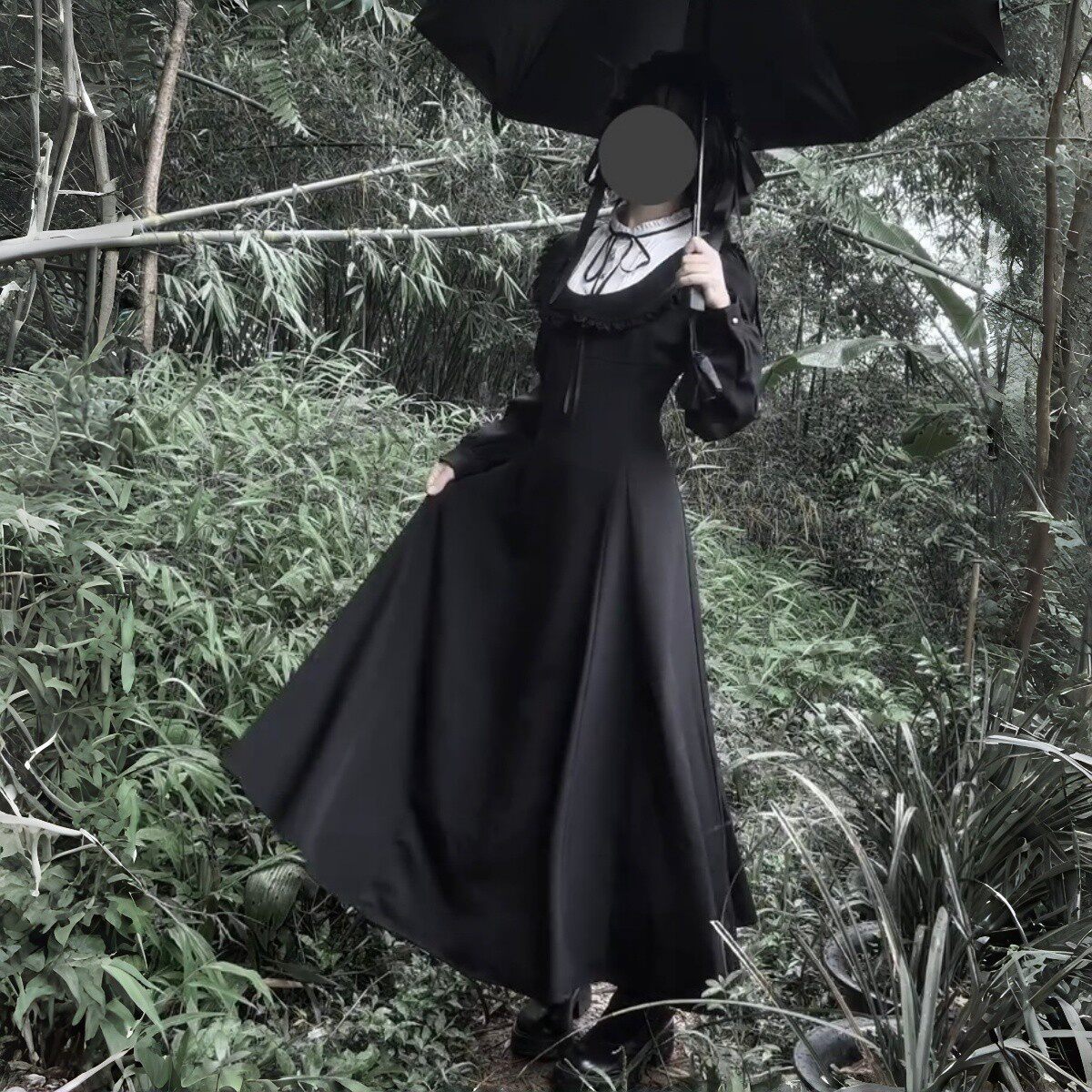 黑色长袖掐腰连衣裙法式暗黑系哥特中长款裙子日常轻lo蕾服女秋冬