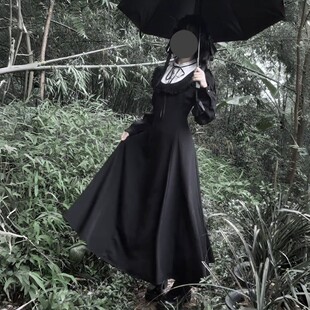 黑色长袖掐腰连衣裙法式暗黑系哥特中长款裙子日常轻lo蕾服女秋冬