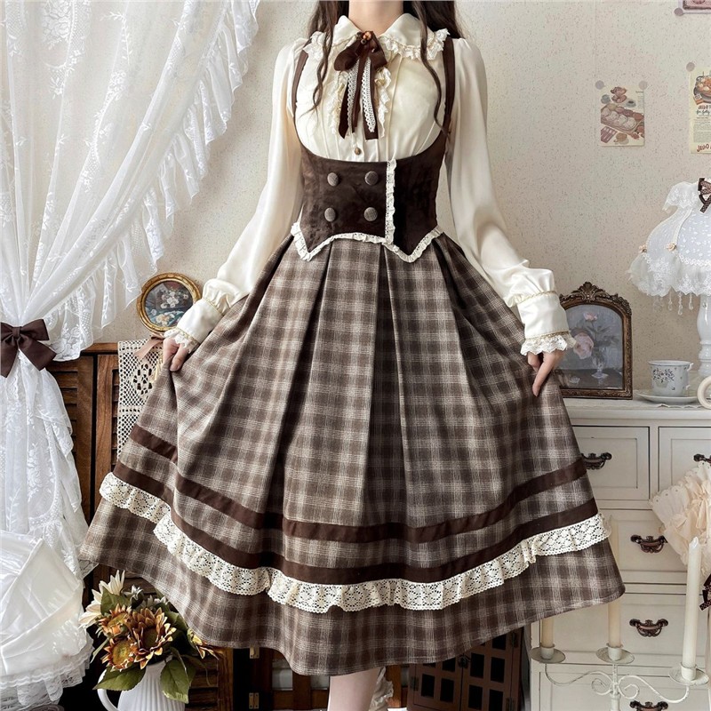 栗秋白茶物语原创棕色格子连衣裙
