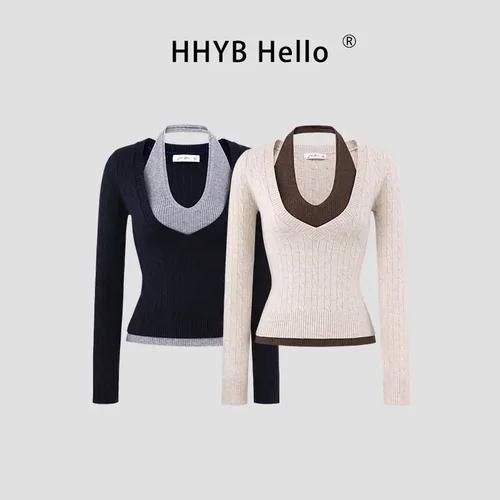 HHYB别来无恙撞色挂脖假两件上衣
