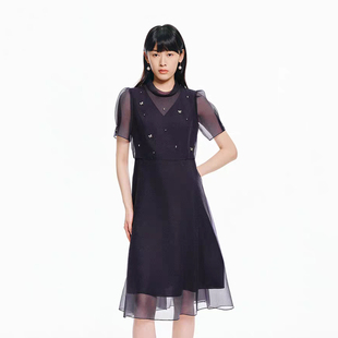 珂莱商场同款2026年夏季新款女装法式欧根纱珠钻假两件短袖连衣裙