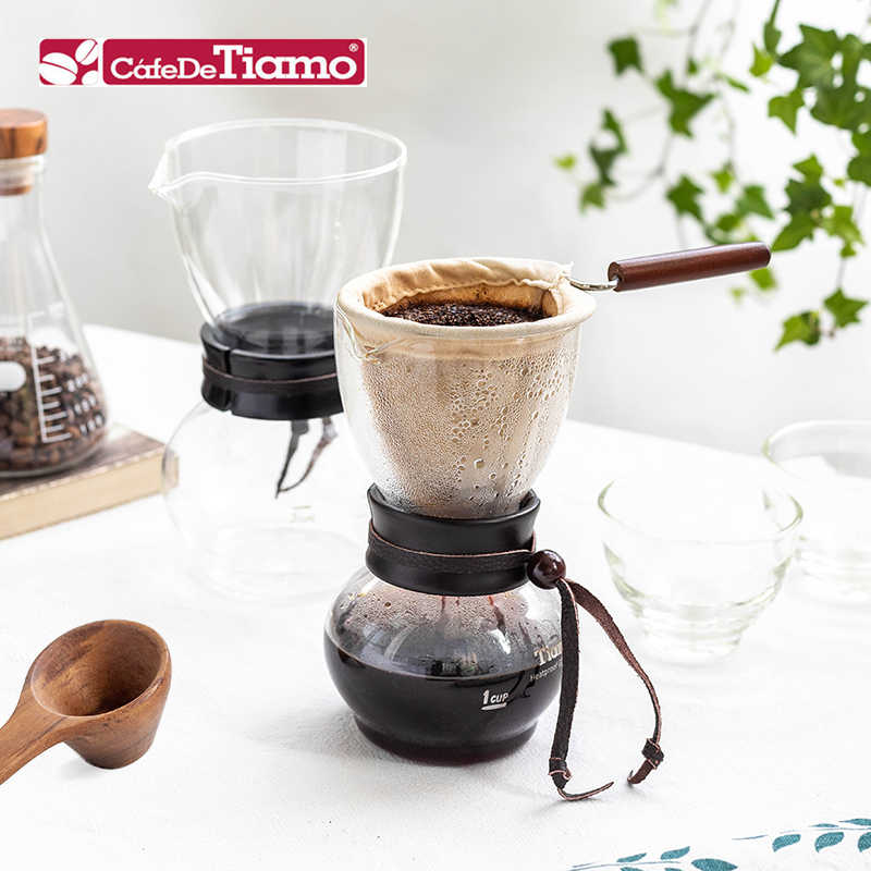 Tiamo法兰绒咖啡壶木柄家用滴滤式滤布袋冲泡手冲咖啡玻璃壶套装