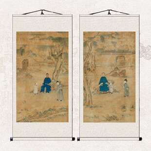 复古画祖孙行乐图丝绸卷轴画古风挂画客厅玄关走廊装饰画送礼佳品