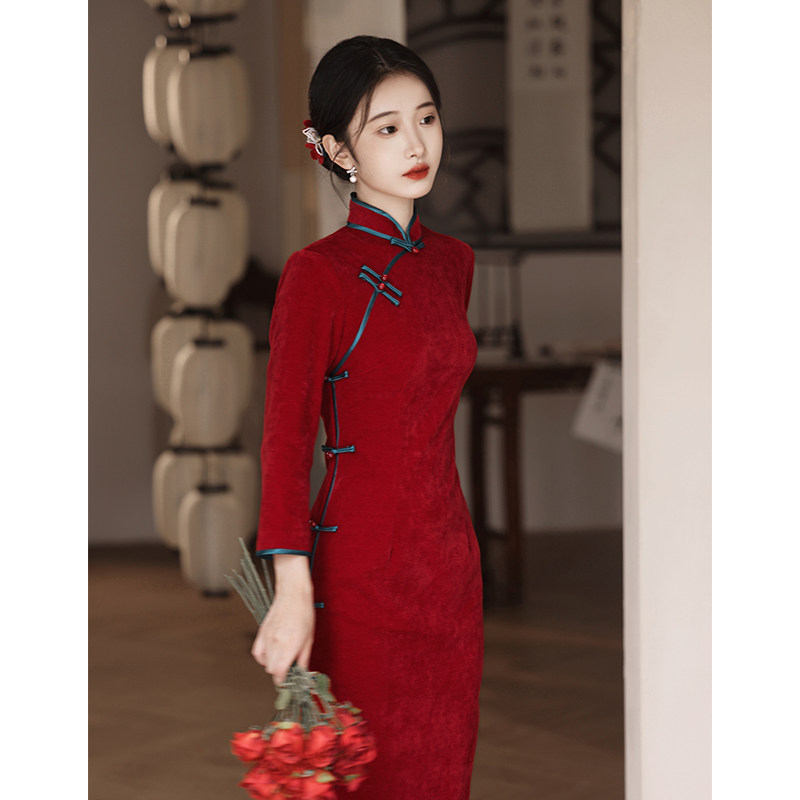 速发酒红结旗袍敬酒服新娘2025新款色婚改良中式长款订婚裙服礼长
