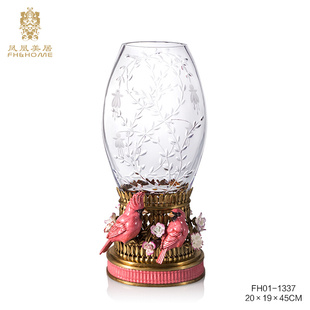 凤凰美居欧式 水晶玻璃手工粉色花瓶铜配瓷手工工艺品雕刻彩绘摆件