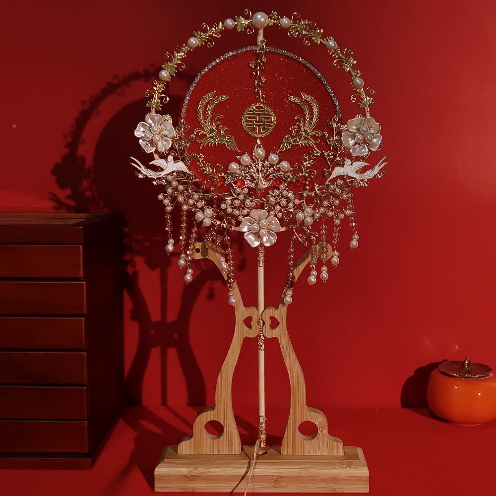 中式秀新娘结双面喜团扇红色古MVC风y手工高端礼物成婚品di材禾料