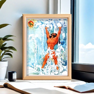 盘古大帝画像开天辟地神话人物挂画先天一炁木框摆件现代装饰画