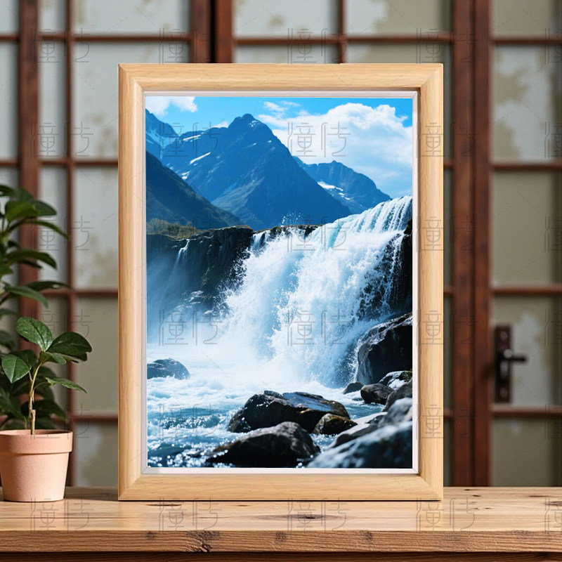 瀑布流水生财款式二相框摆件聚宝盆山水画摆台家用卧室玄关装饰画