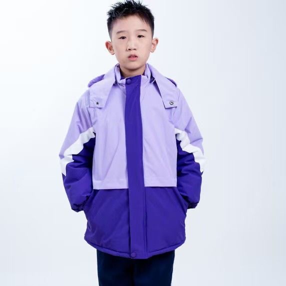 幼儿园儿童班服保暖紫色拼色冲锋衣冲锋衣秋冬加绒加厚一体棉服
