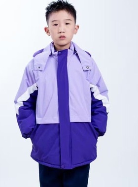幼儿园儿童班服保暖紫色拼色冲锋衣冲锋衣秋冬加绒加厚一体棉服