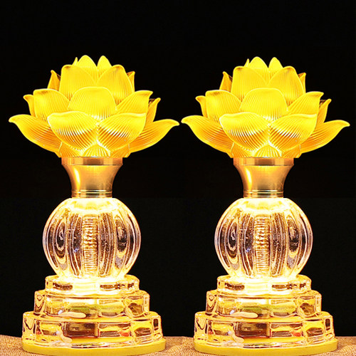 LED七彩水晶玻璃莲花灯家用长明佛供灯仙家仿琉璃佛堂财神灯对