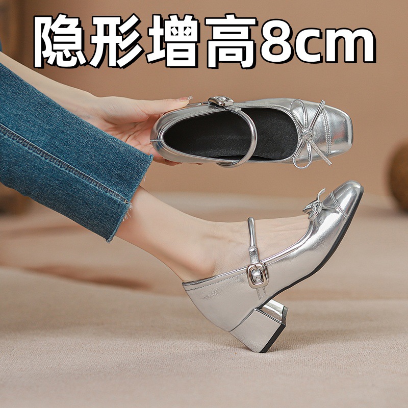 2025新款蝴蝶结圆头内增高粗跟单鞋一字扣高跟鞋女浅口玛丽珍鞋子