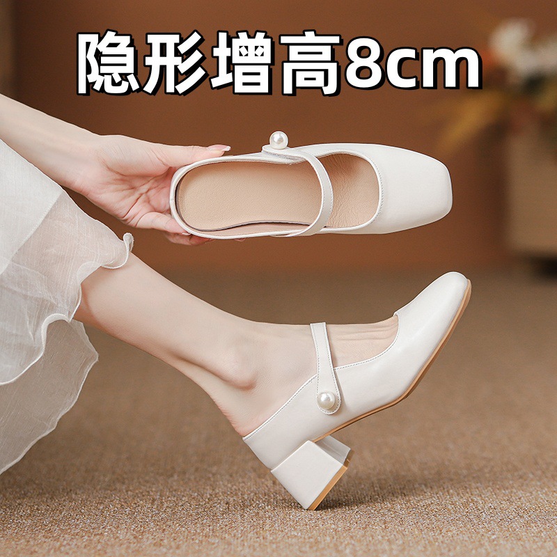 内增高柔软皮质包头半拖鞋女夏外穿小个子高跟凉拖配裙子玛丽珍鞋