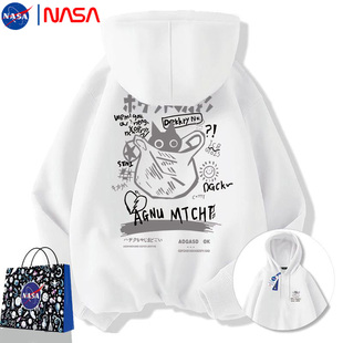 潮牌oversize宽松情侣加绒外套 NASA联名卡通口袋猫连帽卫衣秋冬季